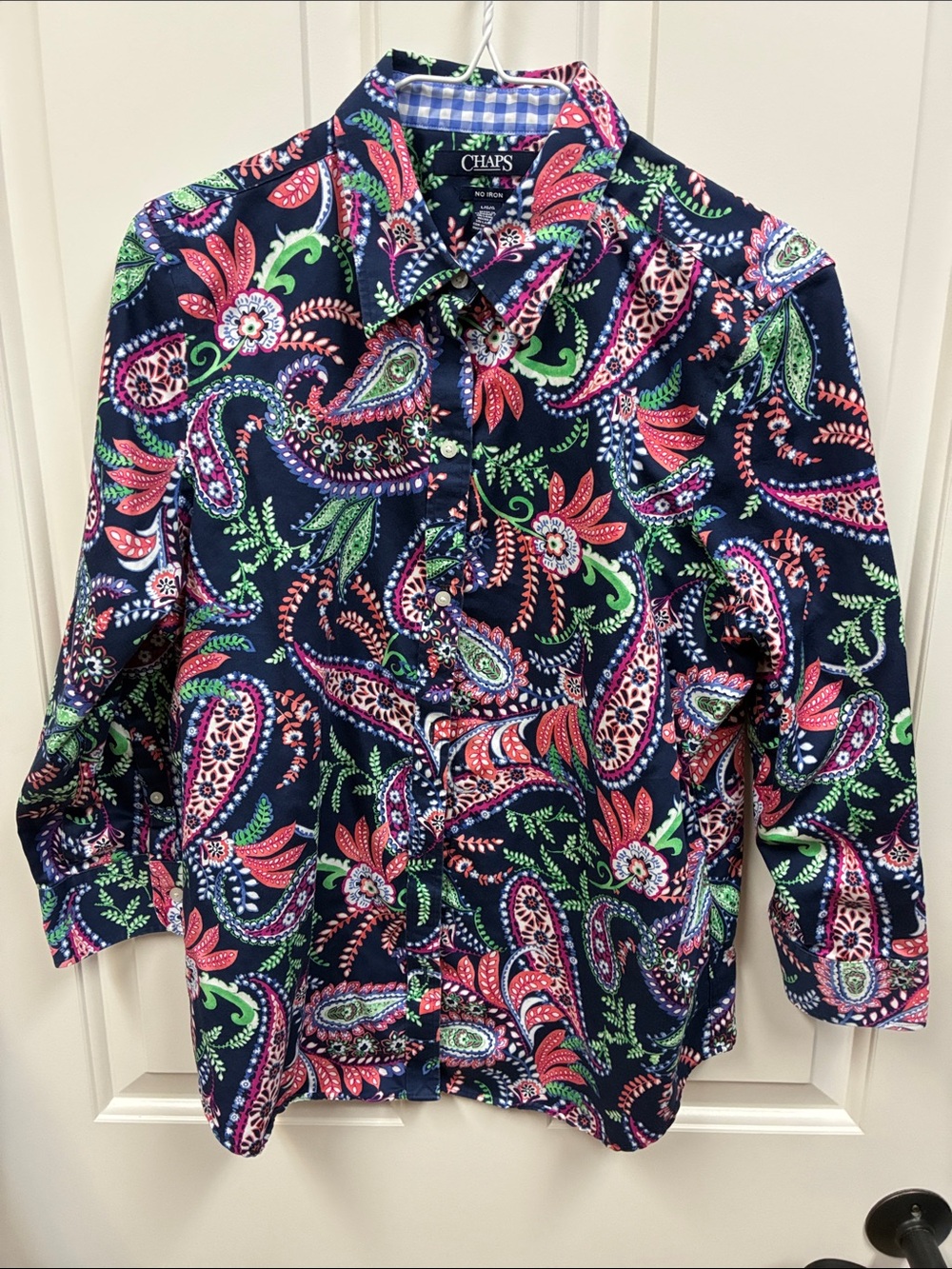 Chaps Navy Paisley Button-Up Top with Pink and Green Accents